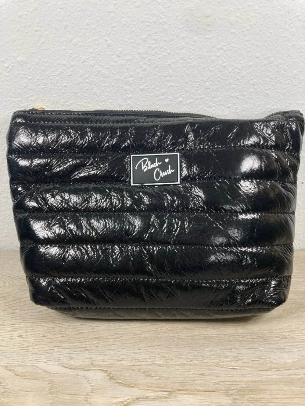 Blush Crush Black Puffer Cosmetic Bag – Pink Heart Lining NWT